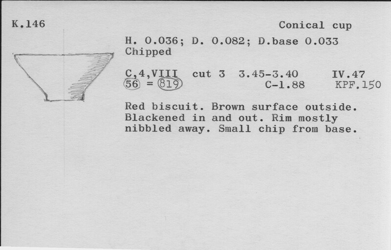 Index card with typed and handwritten information, sometimes including a sketch, of pottery from an excavation.