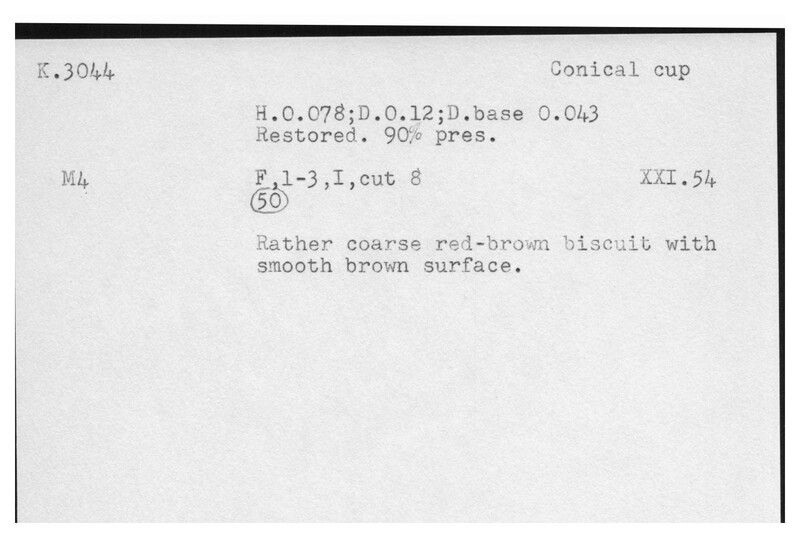 Index card with typed and handwritten information, sometimes including a sketch, of pottery from an excavation.