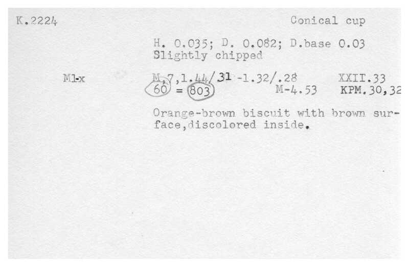 Index card with typed and handwritten information, sometimes including a sketch, of pottery from an excavation.