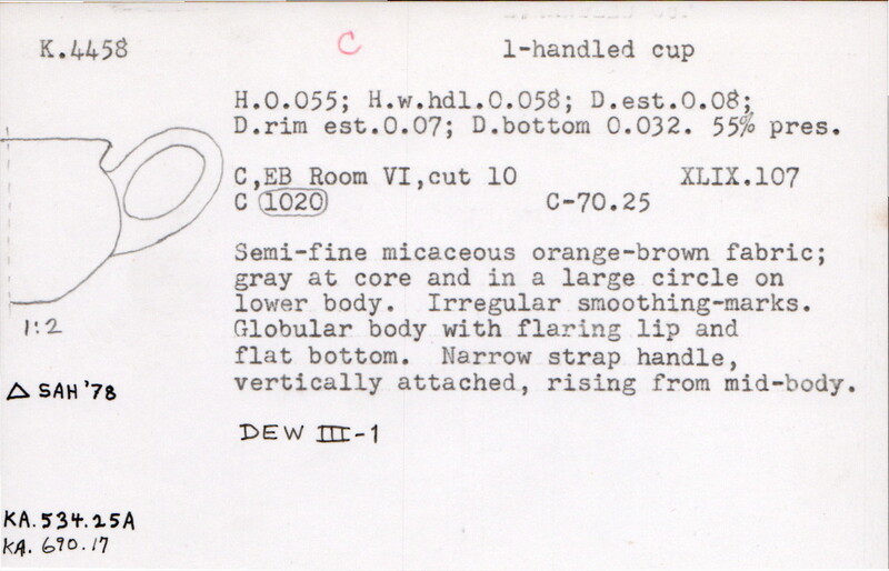 Index card with typed and handwritten information, sometimes including a sketch, of pottery from an excavation.