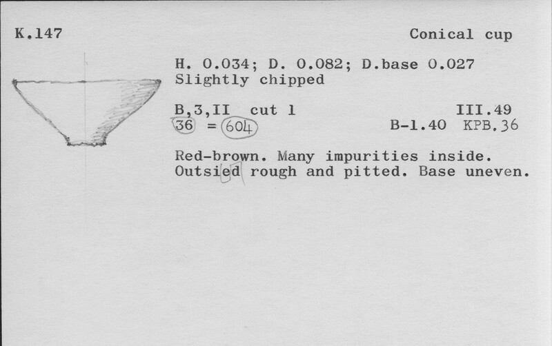 Index card with typed and handwritten information, sometimes including a sketch, of pottery from an excavation.