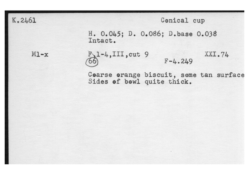 Index card with typed and handwritten information, sometimes including a sketch, of pottery from an excavation.