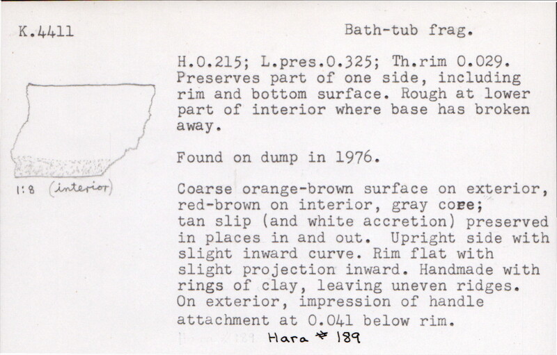 Index card with typed and handwritten information, sometimes including a sketch, of pottery from an excavation.