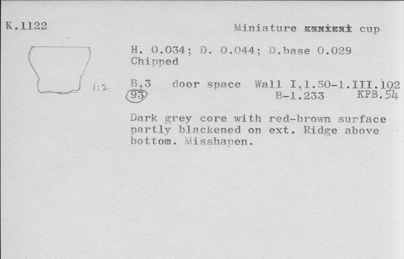 Index card with typed and handwritten information, sometimes including a sketch, of pottery from an excavation.