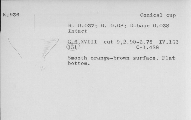Index card with typed and handwritten information, sometimes including a sketch, of pottery from an excavation.