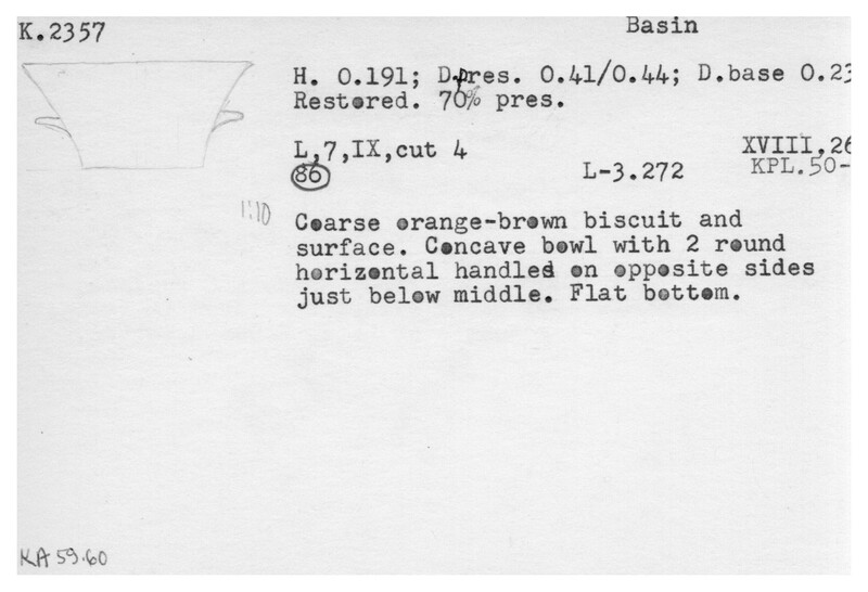 Index card with typed and handwritten information, sometimes including a sketch, of pottery from an excavation.