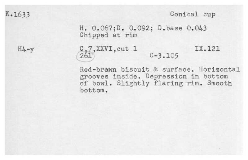 Index card with typed and handwritten information, sometimes including a sketch, of pottery from an excavation.