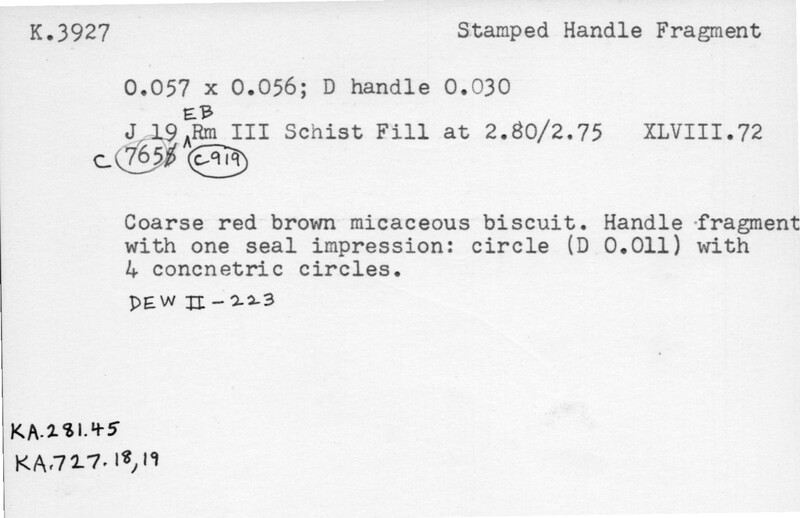 Index card with typed and handwritten information, sometimes including a sketch, of pottery from an excavation.