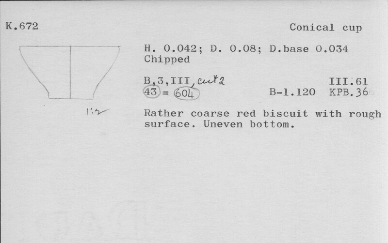 Index card with typed and handwritten information, sometimes including a sketch, of pottery from an excavation.