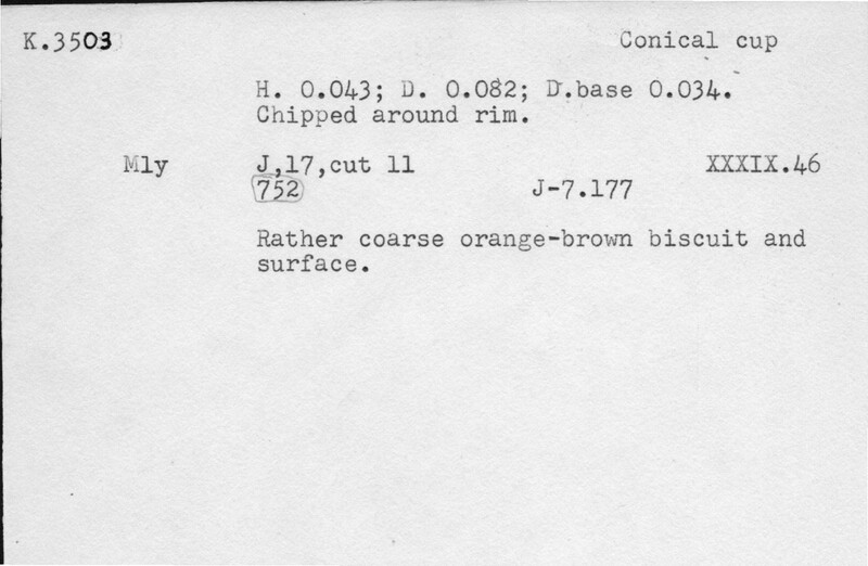 Index card with typed and handwritten information, sometimes including a sketch, of pottery from an excavation.