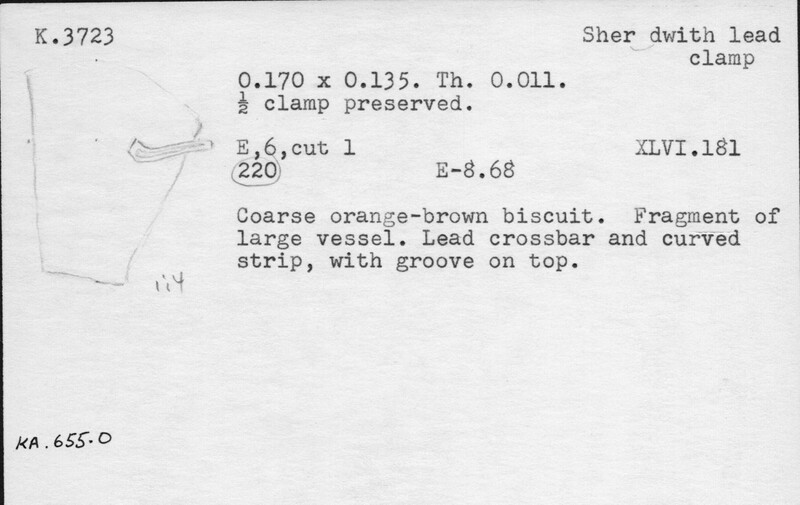 Index card with typed and handwritten information, sometimes including a sketch, of pottery from an excavation.
