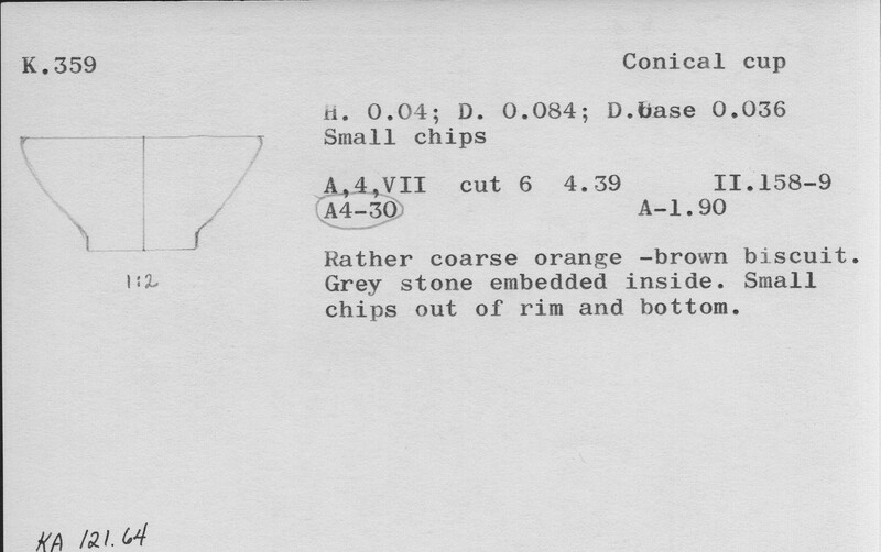 Index card with typed and handwritten information, sometimes including a sketch, of pottery from an excavation.