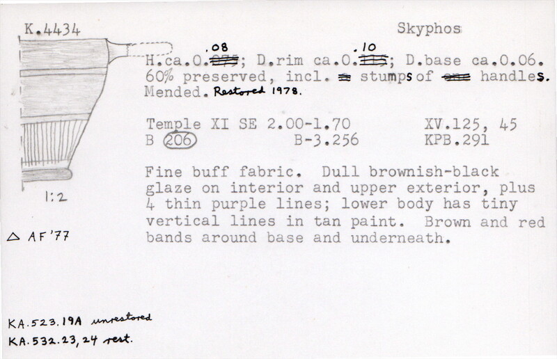 Index card with typed and handwritten information, sometimes including a sketch, of pottery from an excavation.