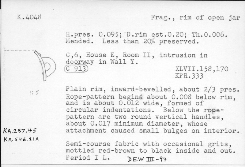 Index card with typed and handwritten information, sometimes including a sketch, of pottery from an excavation.
