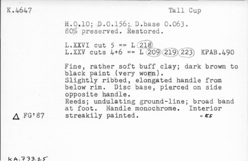 Index card with typed and handwritten information, sometimes including a sketch, of pottery from an excavation.