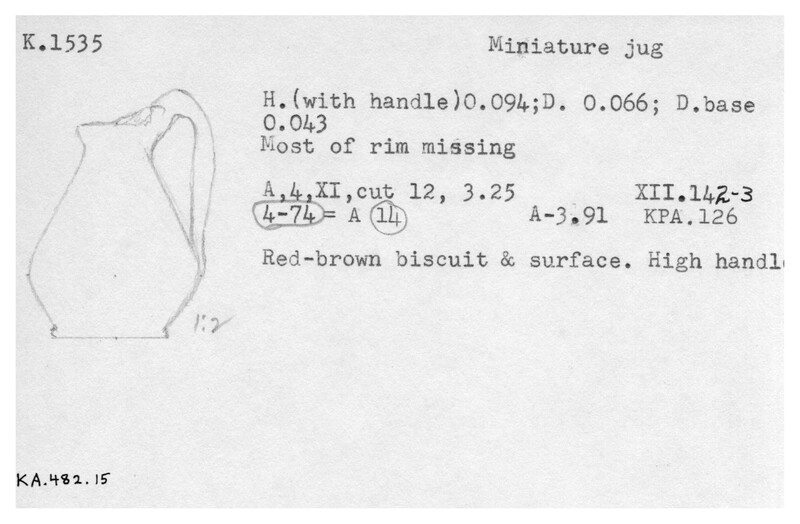 Index card with typed and handwritten information, sometimes including a sketch, of pottery from an excavation.