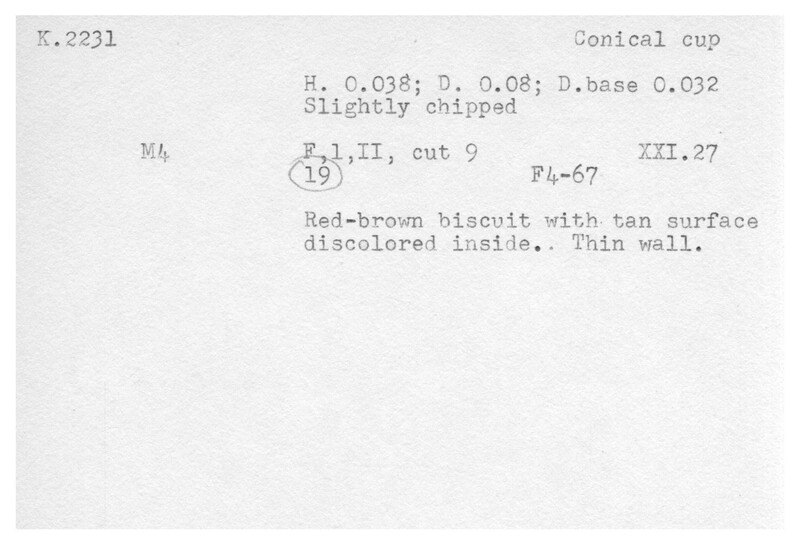 Index card with typed and handwritten information, sometimes including a sketch, of pottery from an excavation.
