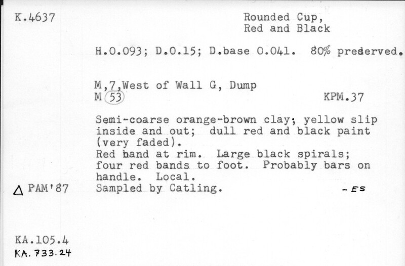 Index card with typed and handwritten information, sometimes including a sketch, of pottery from an excavation.