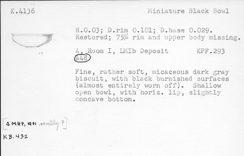 Index card with typed and handwritten information, sometimes including a sketch, of pottery from an excavation.