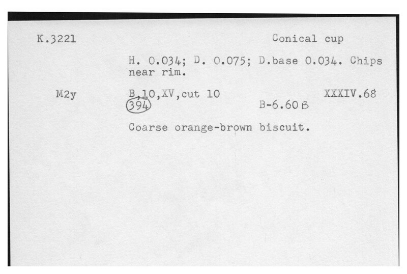Index card with typed and handwritten information, sometimes including a sketch, of pottery from an excavation.