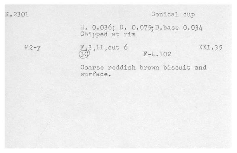 Index card with typed and handwritten information, sometimes including a sketch, of pottery from an excavation.
