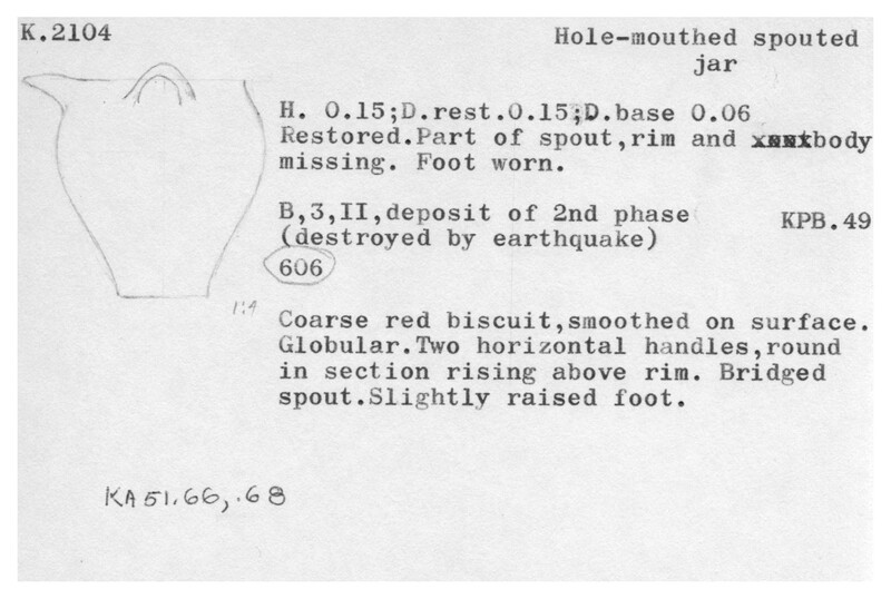 Index card with typed and handwritten information, sometimes including a sketch, of pottery from an excavation.