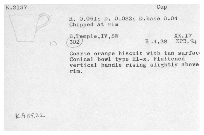 Index card with typed and handwritten information, sometimes including a sketch, of pottery from an excavation.