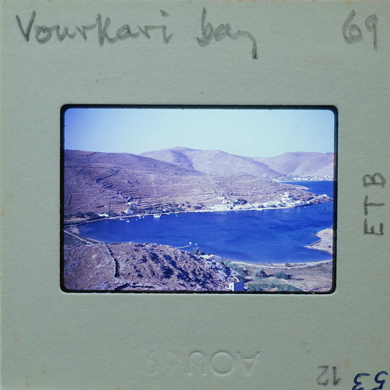 A vintage film strip with a photograph of a scenic bay and mountains, labeled "Vouvaki Bay".