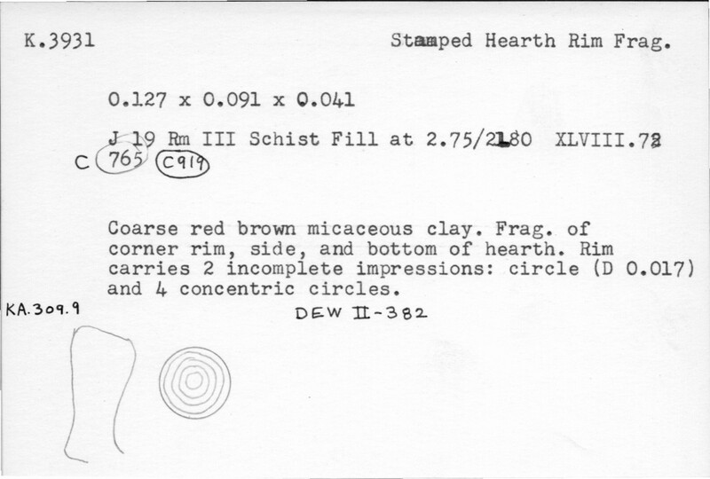 Index card with typed and handwritten information, sometimes including a sketch, of pottery from an excavation.