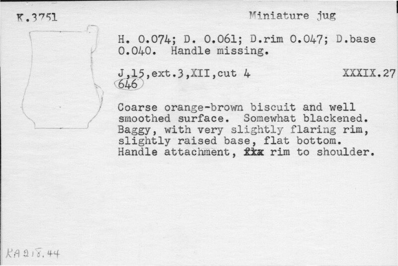 Index card with typed and handwritten information, sometimes including a sketch, of pottery from an excavation.