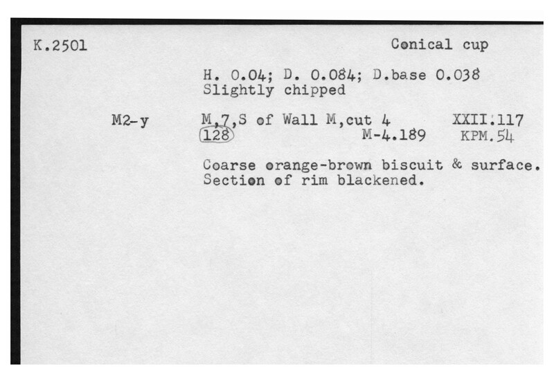 Index card with typed and handwritten information, sometimes including a sketch, of pottery from an excavation.