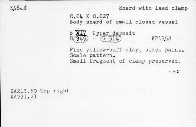 Index card with typed and handwritten information, sometimes including a sketch, of pottery from an excavation.