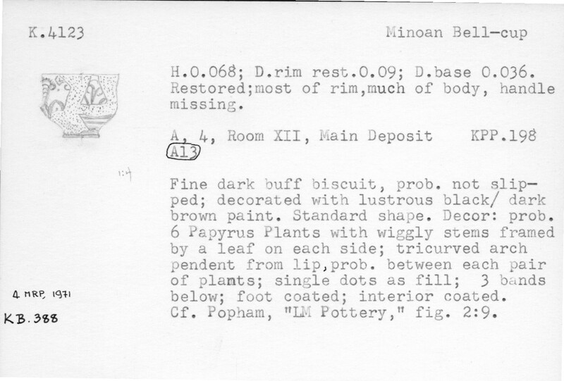 Index card with typed and handwritten information, sometimes including a sketch, of pottery from an excavation.