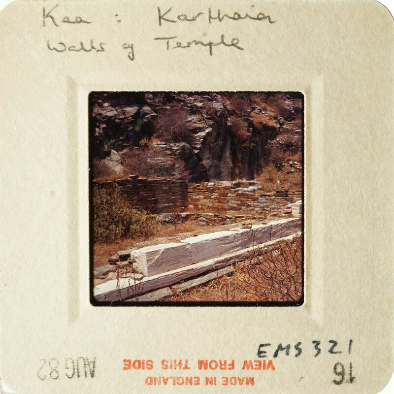 Old photograph of a temple with water and mountains, labeled "Kea : Karthai Walls of Temple".