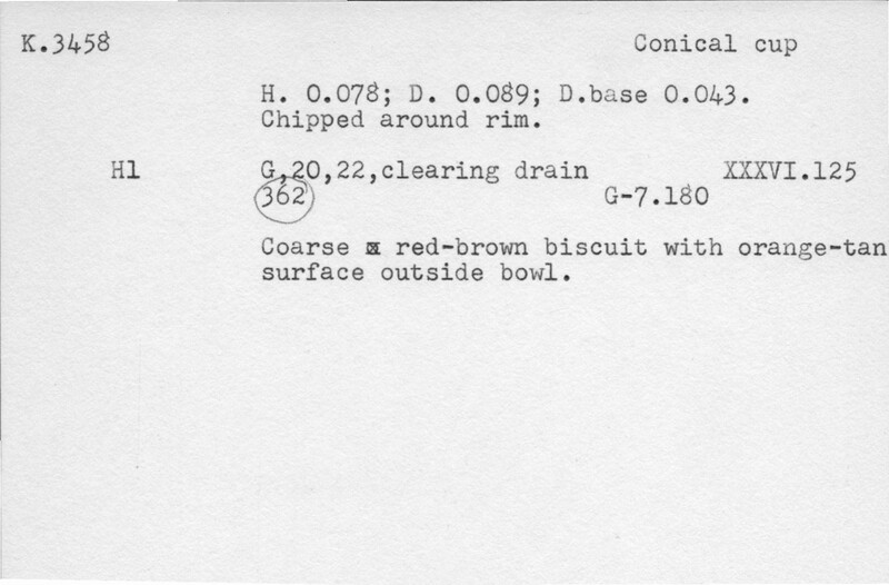 Index card with typed and handwritten information, sometimes including a sketch, of pottery from an excavation.