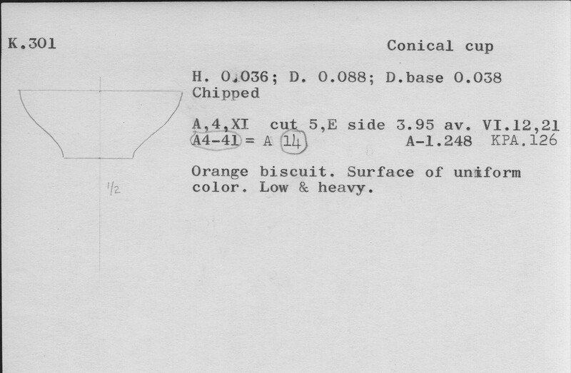 Index card with typed and handwritten information, sometimes including a sketch, of pottery from an excavation.