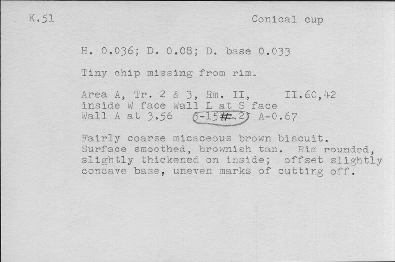 Index card with typed and handwritten information, sometimes including a sketch, of pottery from an excavation.