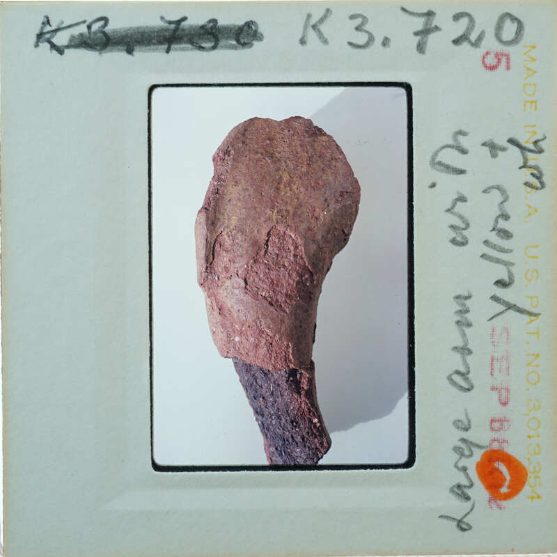 Fragment of terracotta arm on white background.