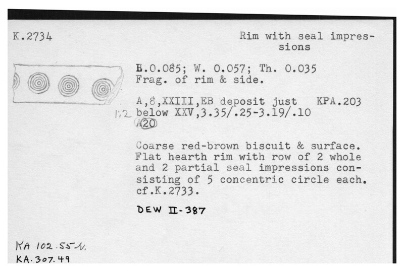 Index card with typed and handwritten information, sometimes including a sketch, of pottery from an excavation.