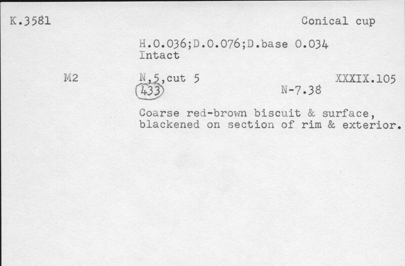 Index card with typed and handwritten information, sometimes including a sketch, of pottery from an excavation.
