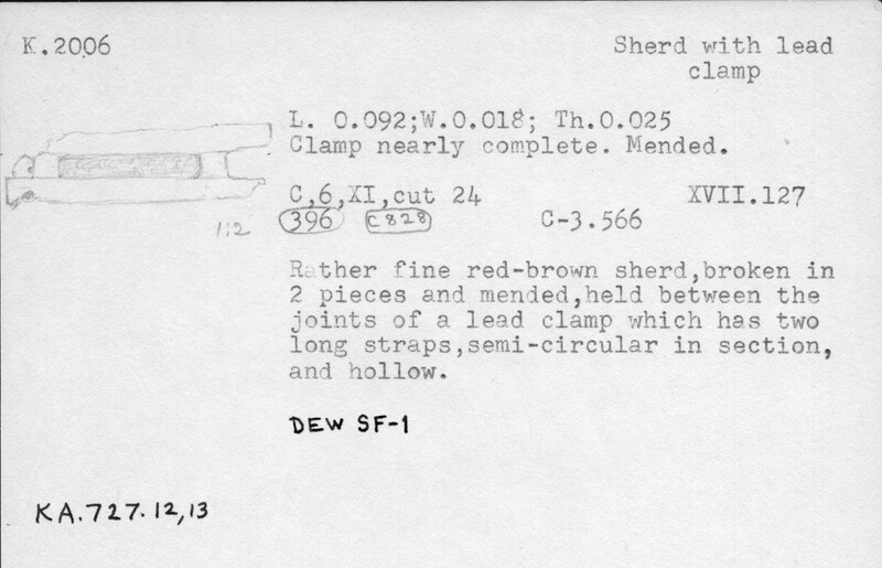 Index card with typed and handwritten information, sometimes including a sketch, of pottery from an excavation.