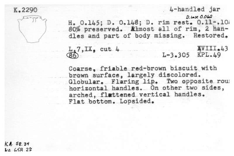 Index card with typed and handwritten information, sometimes including a sketch, of pottery from an excavation.