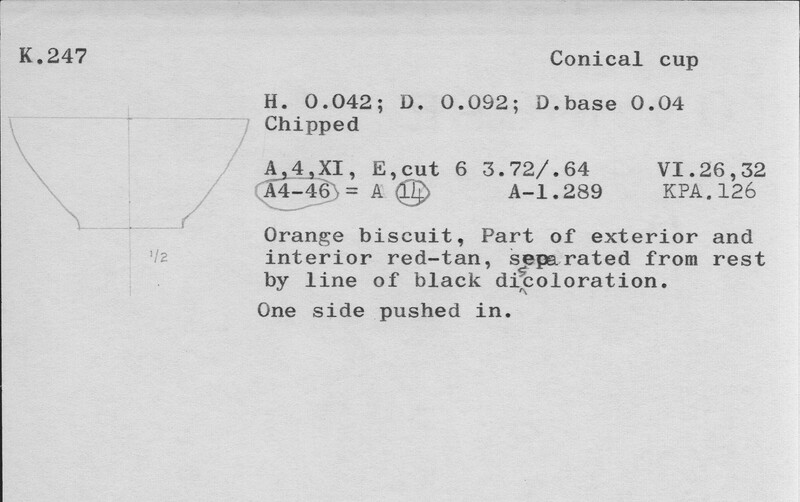 Index card with typed and handwritten information, sometimes including a sketch, of pottery from an excavation.
