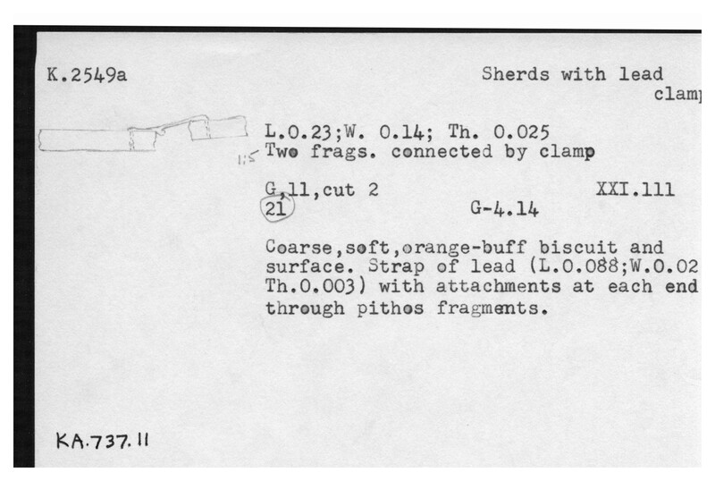 Index card with typed and handwritten information, sometimes including a sketch, of pottery from an excavation.