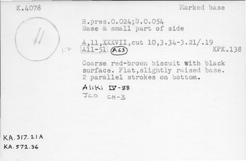 Index card with typed and handwritten information, sometimes including a sketch, of pottery from an excavation.