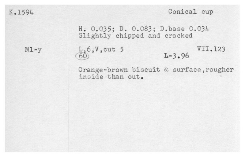 Index card with typed and handwritten information, sometimes including a sketch, of pottery from an excavation.