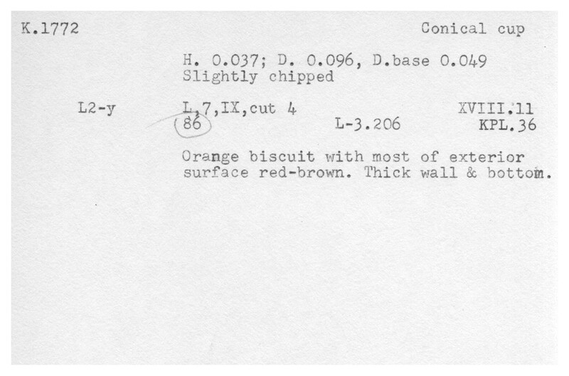 Index card with typed and handwritten information, sometimes including a sketch, of pottery from an excavation.