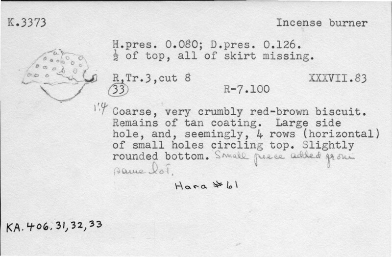 Index card with typed and handwritten information, sometimes including a sketch, of pottery from an excavation.