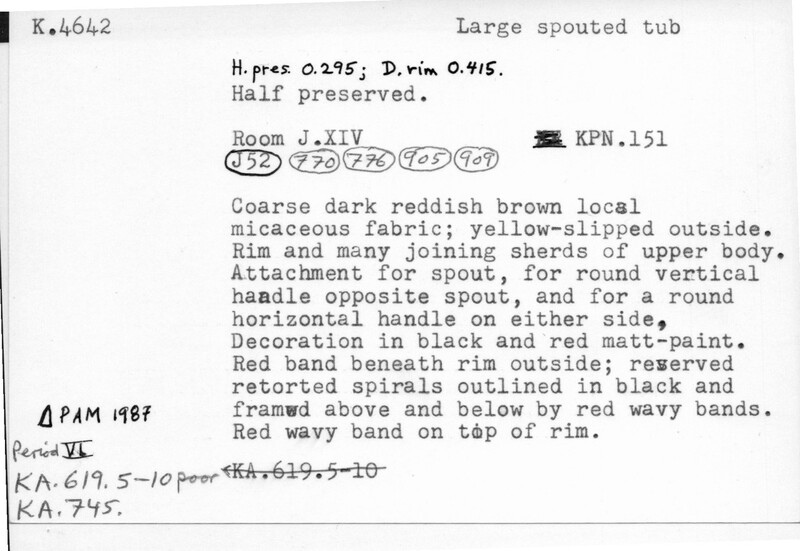 Index card with typed and handwritten information, sometimes including a sketch, of pottery from an excavation.