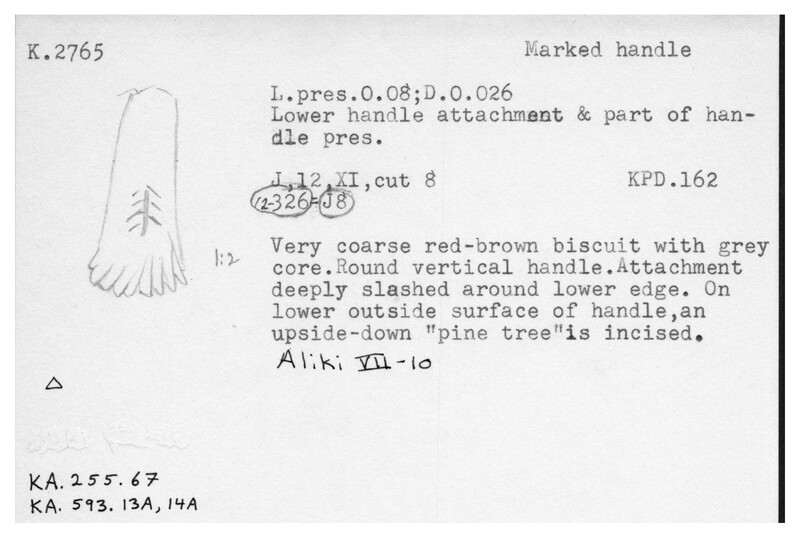 Index card with typed and handwritten information, sometimes including a sketch, of pottery from an excavation.